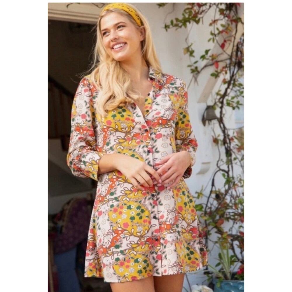 NWT Natural Life Yellow Floral Shirt Dress Sz M Boho Button Front Mini Casual